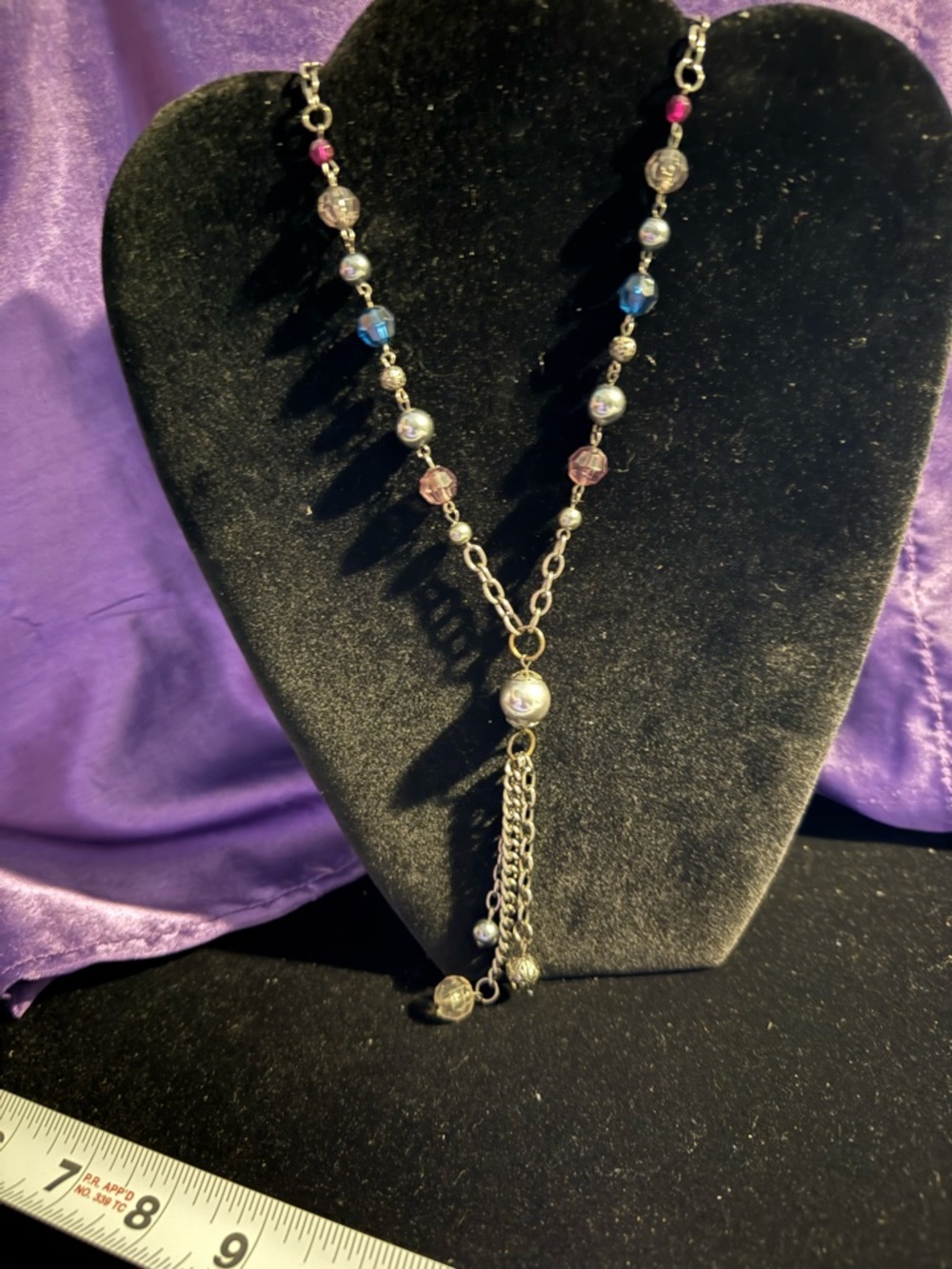 Silver-Tone Beaded Tassel Y Necklace with Pink and Blue Accents
